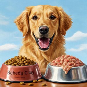 A fun and artistic presentation of salmon dog food for a happy American dog.