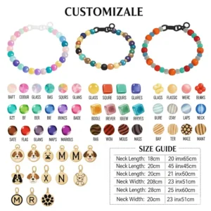 Illustration demonstrating customization options for a beaded dog collar, including choice of bead colors, materials, and sizes.