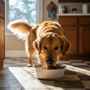 Cute dog taking a bite of rabbit dog food with a USA flag bandana.