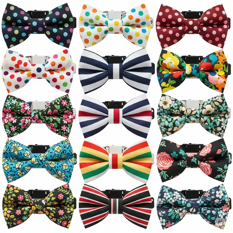 Variety of colorful dog bow tie patterns, including polka dot, stripes, and floral designs, perfect for any pup's style.