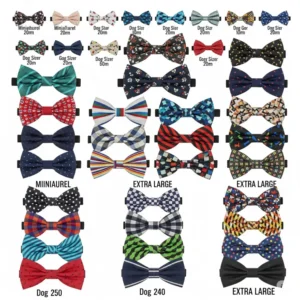 Display of various sizes of dog bow ties, ranging from small for puppies to large for big breeds, ensuring a perfect fit for every dog.