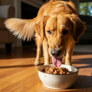 A happy dog eating a bowl of salmon and sweet potato dog food on a kitchen floor.