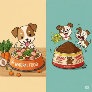 Illustration of a dog food bowl filled with wholesome food, surrounded by natural elements.