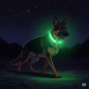 Illustration of a dog confidently walking in the dark, illuminated by a glowing light up dog collar, highlighting nighttime safety.