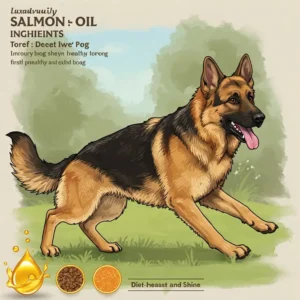 Illustration of a dog with a healthy, shiny coat, highlighting the benefits of salmon oil in the dog food.