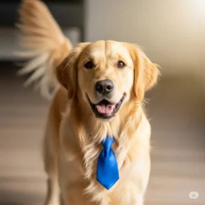 A charming golden retriever wearing a stylish blue dog tie, looking directly at the camera with a friendly expression. Perfect for dog owners looking for fashionable pet accessories.