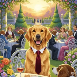 Illustration of a dog wearing an elegant dog tie at a celebratory event, perfect for formal occasions or parties.