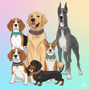 Illustration of a happy pack of diverse dog breeds proudly wearing various eye-catching beaded dog collars.