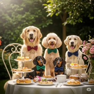 A group of well-dressed dogs wearing various elegant dog bow ties at a garden party, looking charming and sophisticated