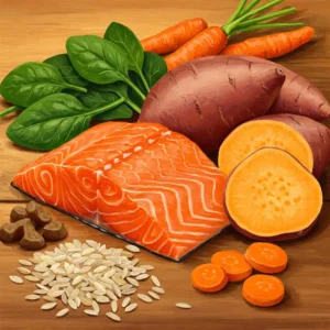 Artistic rendering of natural ingredients like fish and vegetables found in quality dog food.