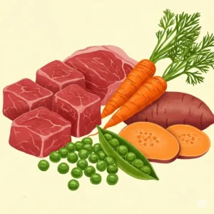 Close-up illustration of fresh, wholesome ingredients in dog food.