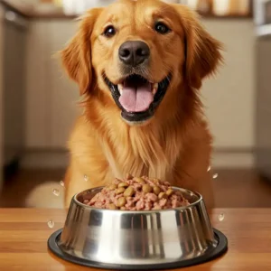 Fresh ingredients including raw salmon fillet, sweet potatoes, and herbs arranged for homemade dog food. 