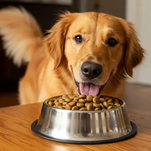 A happy golden retriever enjoying a bowl of whitefish dog food kibble, indicating pet satisfaction and quality nutrition.