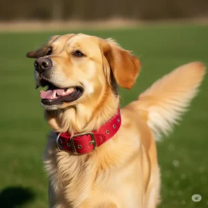 A happy golden retriever wearing a durable red dog collar, looking ready for an adventure.