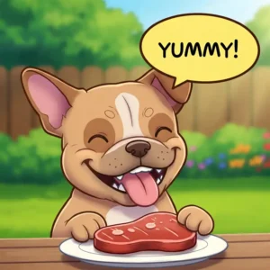  A satisfied dog lying on the floor after eating a healthy salmon and sweet potato meal.