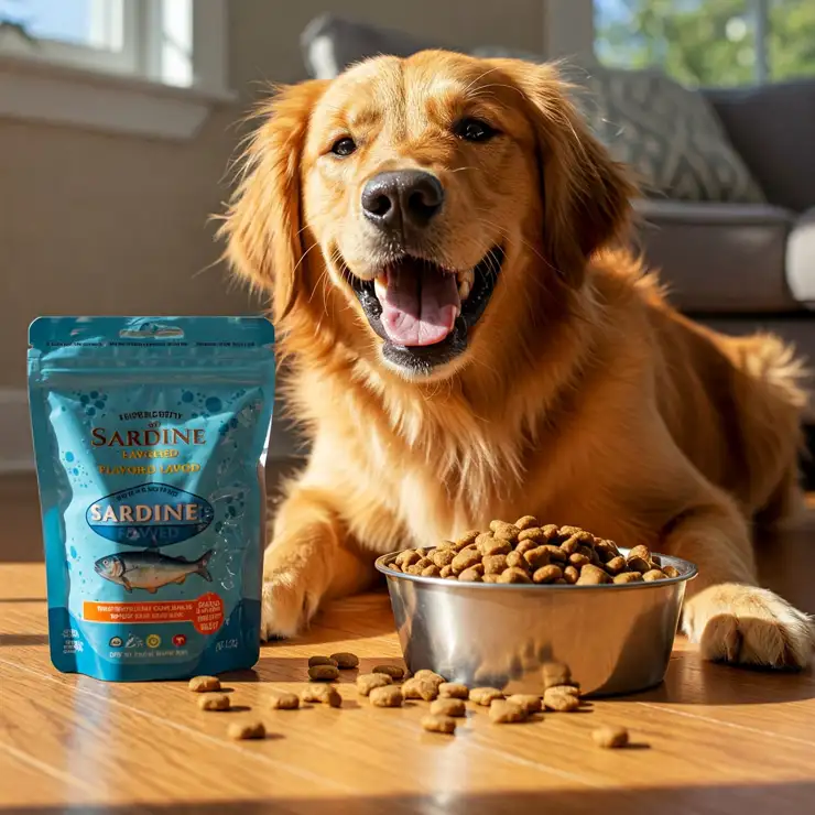 Joyful dog enjoying sardine flavored dog kibble.