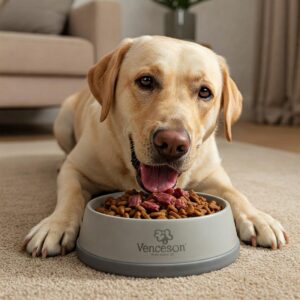 A happy and healthy dog enjoys a delicious meal of venison dog food.