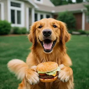 Happy dog enjoying wet rabbit dog food in a cozy American home.