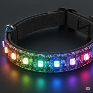  Close-up illustration detailing the bright LED lights integrated into a light up dog collar, showcasing illumination technology.