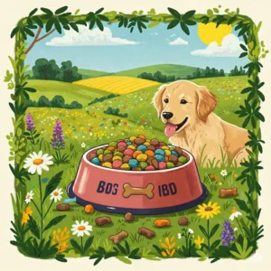 Illustration contrasting natural, wholesome dog food with processed options.