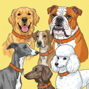 Illustration showing an orange dog collar on various dog breeds, highlighting its versatility.