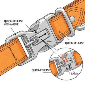 Detailed illustration of the secure quick-release buckle on an orange dog collar.