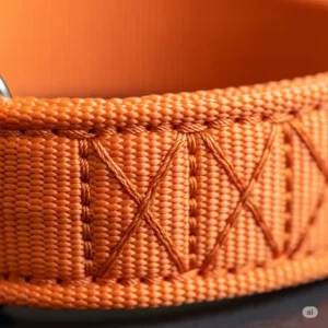 Close-up of a durable nylon orange dog collar, showcasing the texture and stitching.