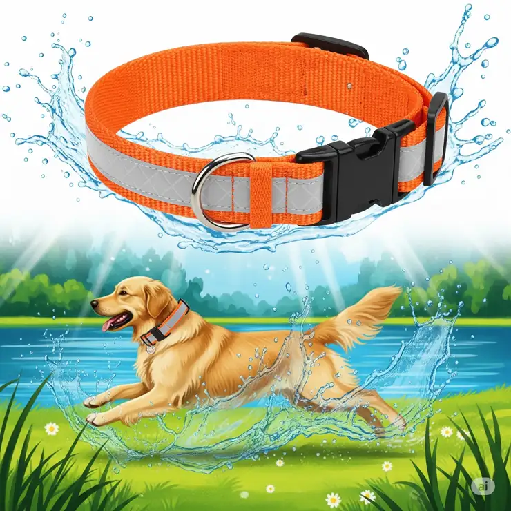 Illustration showing a waterproof orange dog collar, perfect for outdoor adventures and swimming.