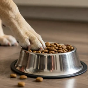 Commercially packaged dog food labeled with salmon and sweet potato flavors, placed on a wooden table