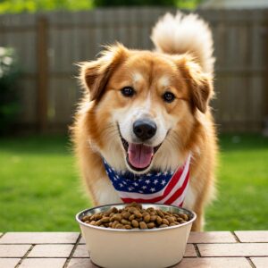 A patriotic dog wearing a USA bandana while eating salmon-based dog food.