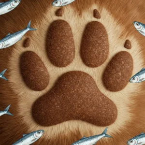 Paw print and sardines representing sardine-based dog food.