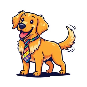 A playful cartoon illustration of a happy dog wearing a colorful tie, adding a fun element to dog fashion accessories.