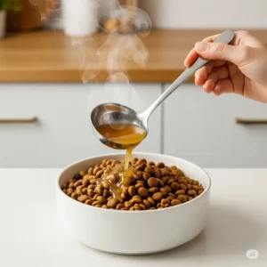 Pouring savory broth over dog kibble, making dry food more palatable and adding vital hydration to your dog's diet.