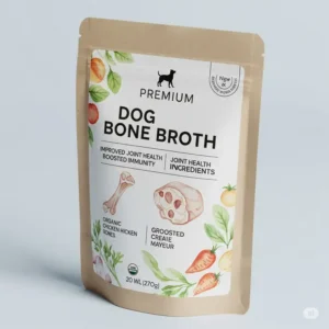 Close-up of premium packaging for bone broth designed as a food supplement for dogs, highlighting natural and wholesome ingredients.