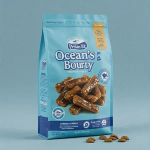 Packaging of premium sardine dog food brand.