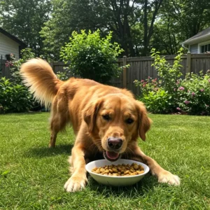 A close-up of rabbit dog food served in a patriotic red, white, and blue bowl.