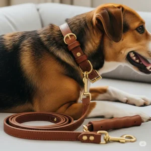A coordinated set featuring a red dog collar and a matching leash, ideal for walks and training.