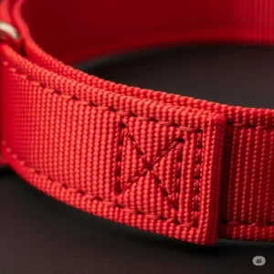 Close-up of the high-quality nylon material of a red dog collar, highlighting its strong stitching and durability.