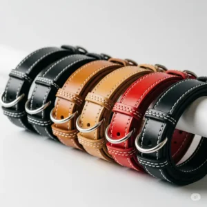 A vibrant display of various rolled leather dog collars available in a range of attractive colors, including black, tan, and red.