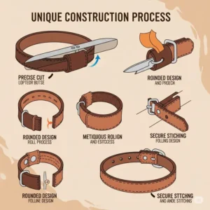  Infographic illustrating the unique construction process of a rolled leather dog collar, highlighting its rounded design.