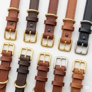Assortment of rolled leather dog collars demonstrating various hardware options like solid brass and nickel-plated buckles.