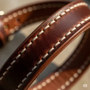 Macro shot of the precise, durable stitching on a handmade rolled leather dog collar, emphasizing its craftsmanship.