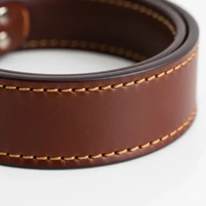 Detailed close-up view of the smooth, rounded edges and fine grain of a high-quality rolled leather dog collar.