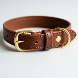 A classic rolled leather dog collar in a rich brown color, featuring a solid brass buckle, perfect for canine comfort and style.