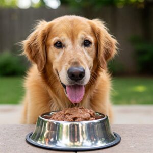 An older American dog happily eating soft salmon wet food for seniors.