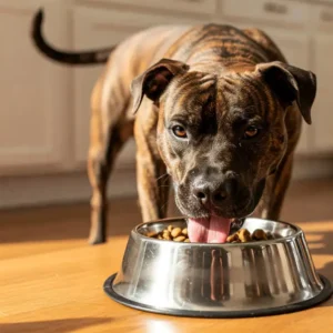Smiling dog enjoying rabbit dog food in a patriotic setting.