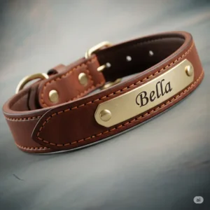 An example of a thick dog collar customized with an engraved name tag, showcasing personalized options for a unique touch.