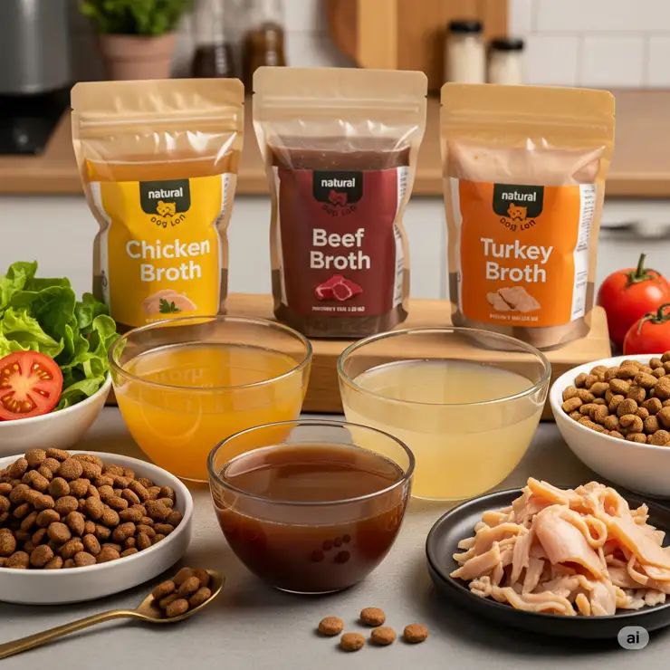 Variety of natural broths for dogs food, including chicken, beef, and turkey, offering diverse flavors and nutritional benefits.