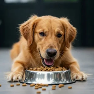 Dog eating dry rabbit dog food with USA-themed decor in the background.