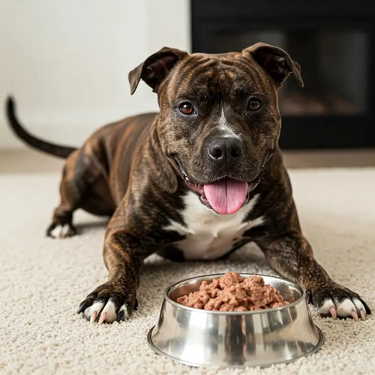 A patriotic dog savoring wet dog food made with real salmon.
